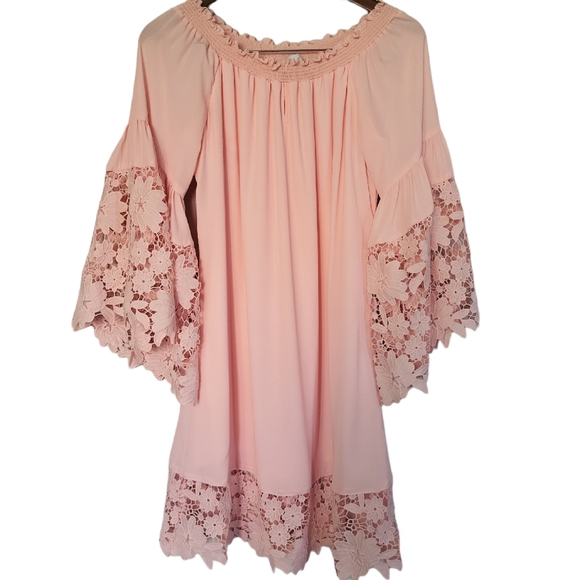 Joseph Ribkoff Dresses & Skirts - Joseph Ribkoff Coral Pink Off The Shoulder Georgette Lace Sheath Dress Medium